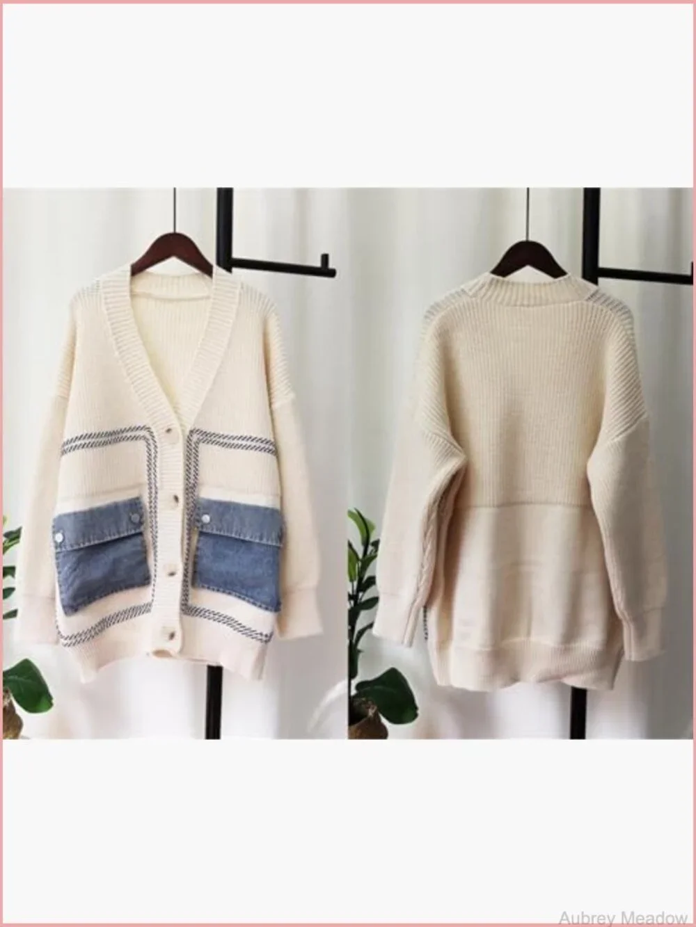 Open Front Chunky Cable Knit Cardigan with Denim Pockets